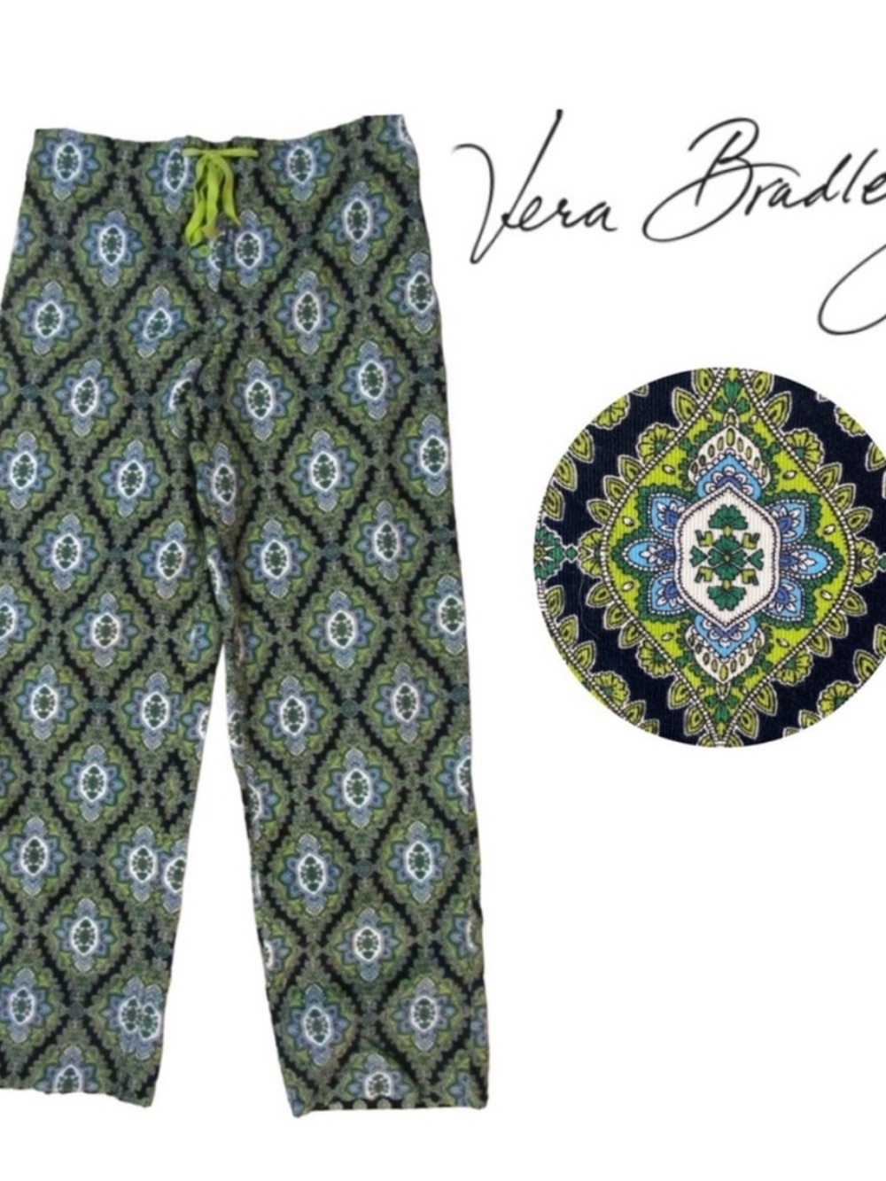 Vera Bradley green and blue medallion-pattern pinwale corduroy pajama lounge pan